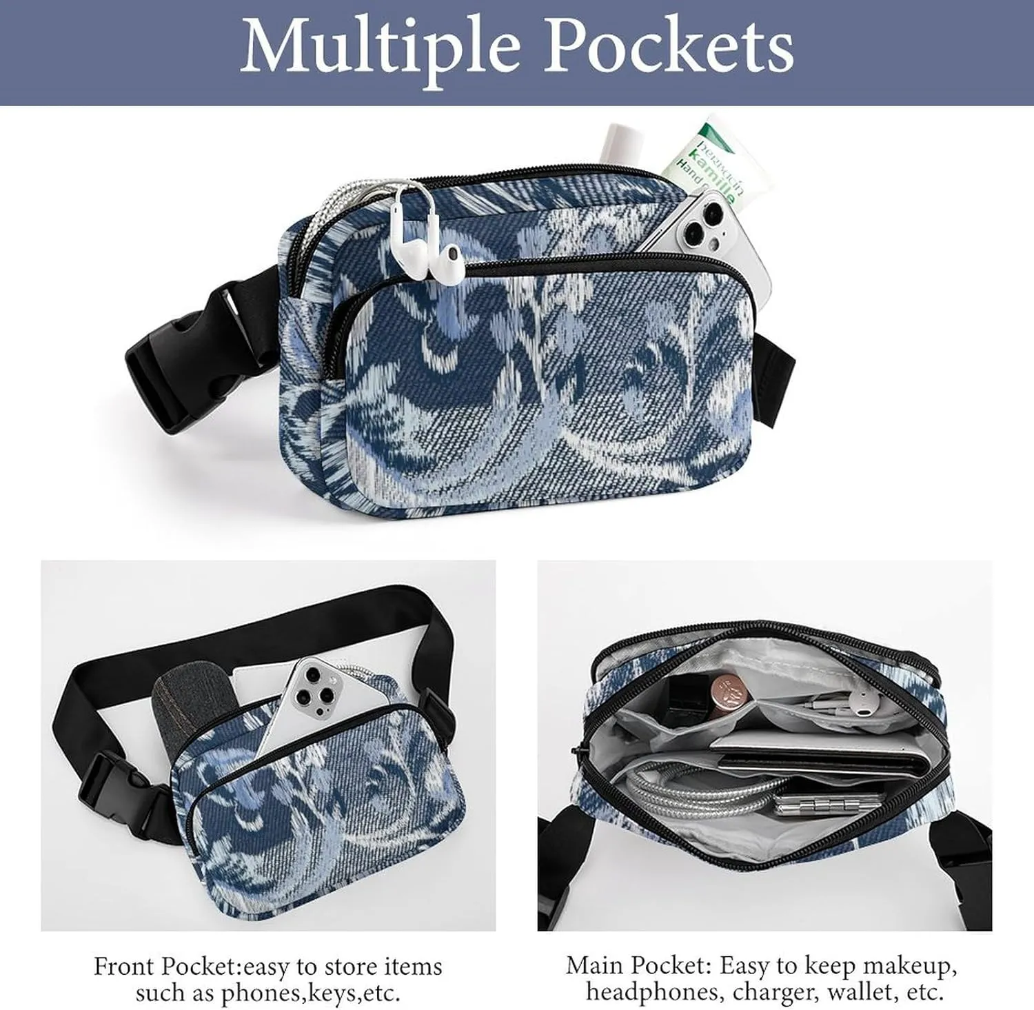 Denim Flower Patchwork Fanny Pack Belt Bag with Adjustable Strap Retro Blue Waist Packs Small Pouch Crossbody Bags for Hiking Running Cycling Traveling