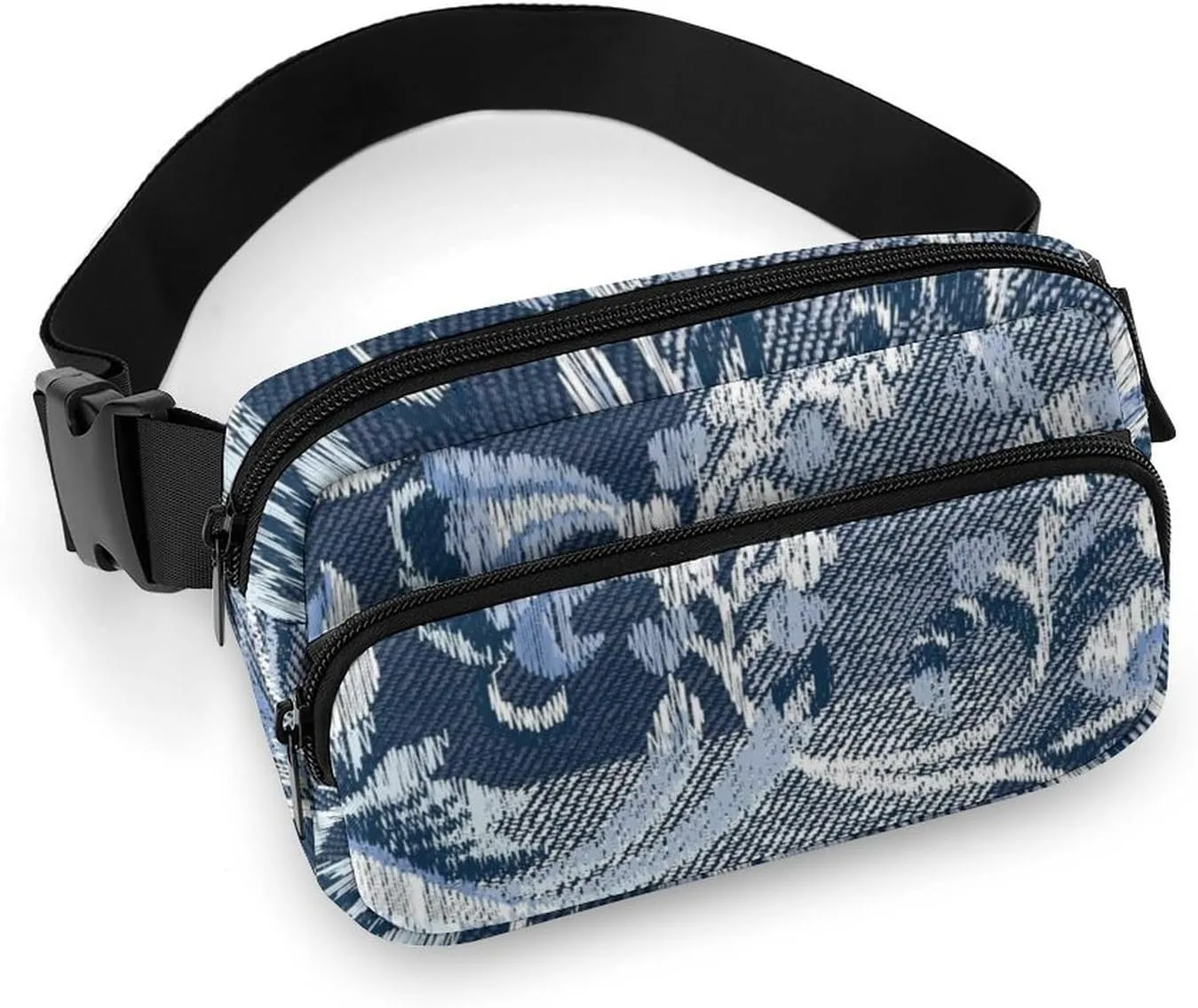 Denim Flower Patchwork Fanny Pack Belt Bag with Adjustable Strap Retro Blue Waist Packs Small Pouch Crossbody Bags for Hiking Running Cycling Traveling