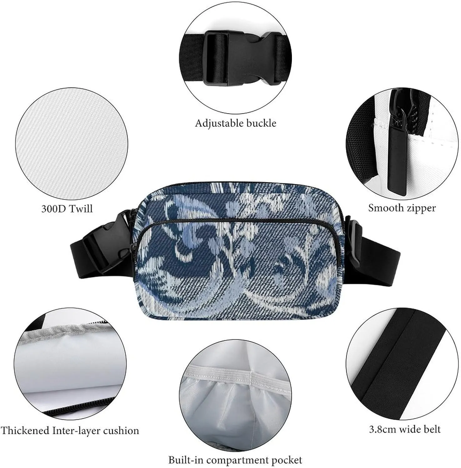 Denim Flower Patchwork Fanny Pack Belt Bag with Adjustable Strap Retro Blue Waist Packs Small Pouch Crossbody Bags for Hiking Running Cycling Traveling
