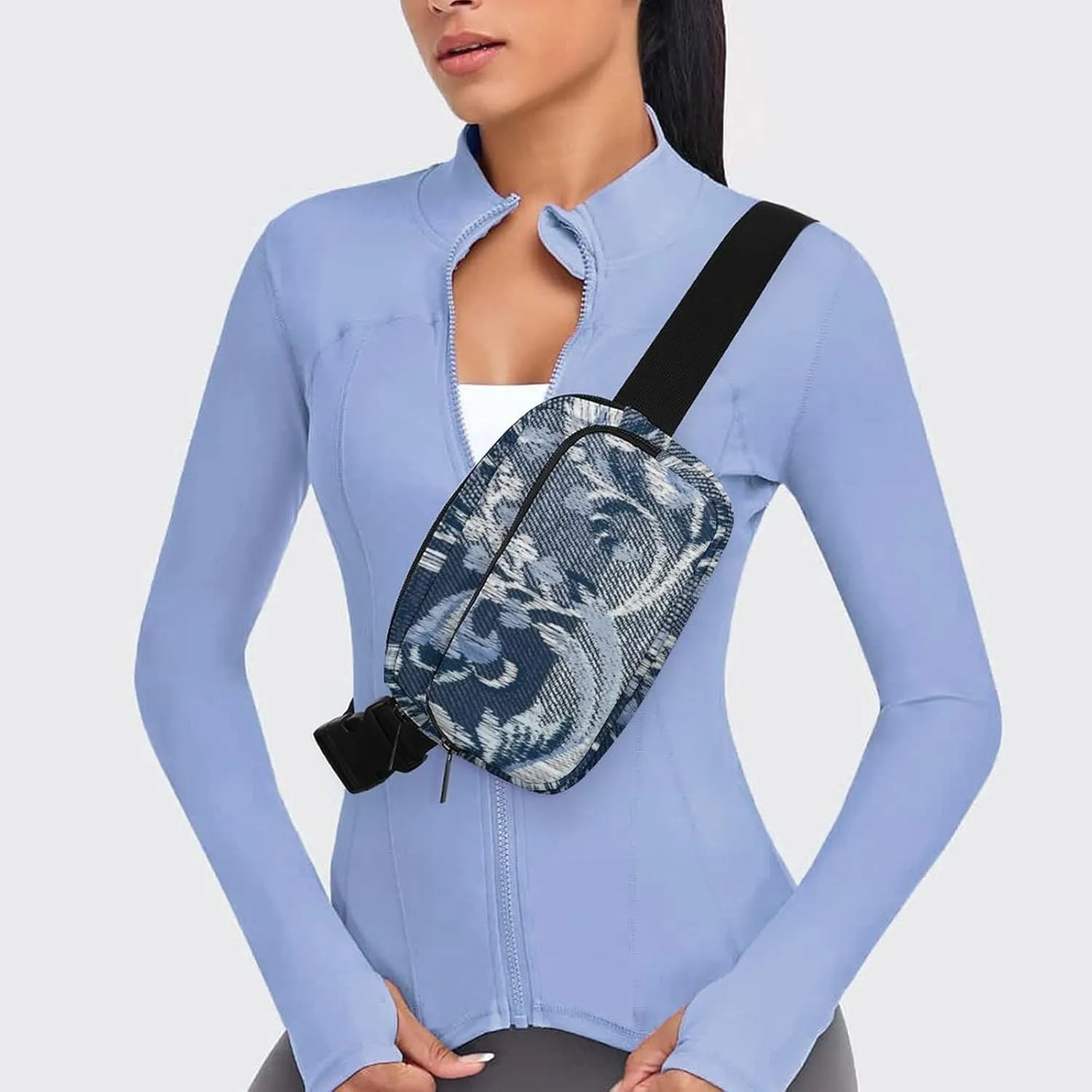 Denim Flower Patchwork Fanny Pack Belt Bag with Adjustable Strap Retro Blue Waist Packs Small Pouch Crossbody Bags for Hiking Running Cycling Traveling