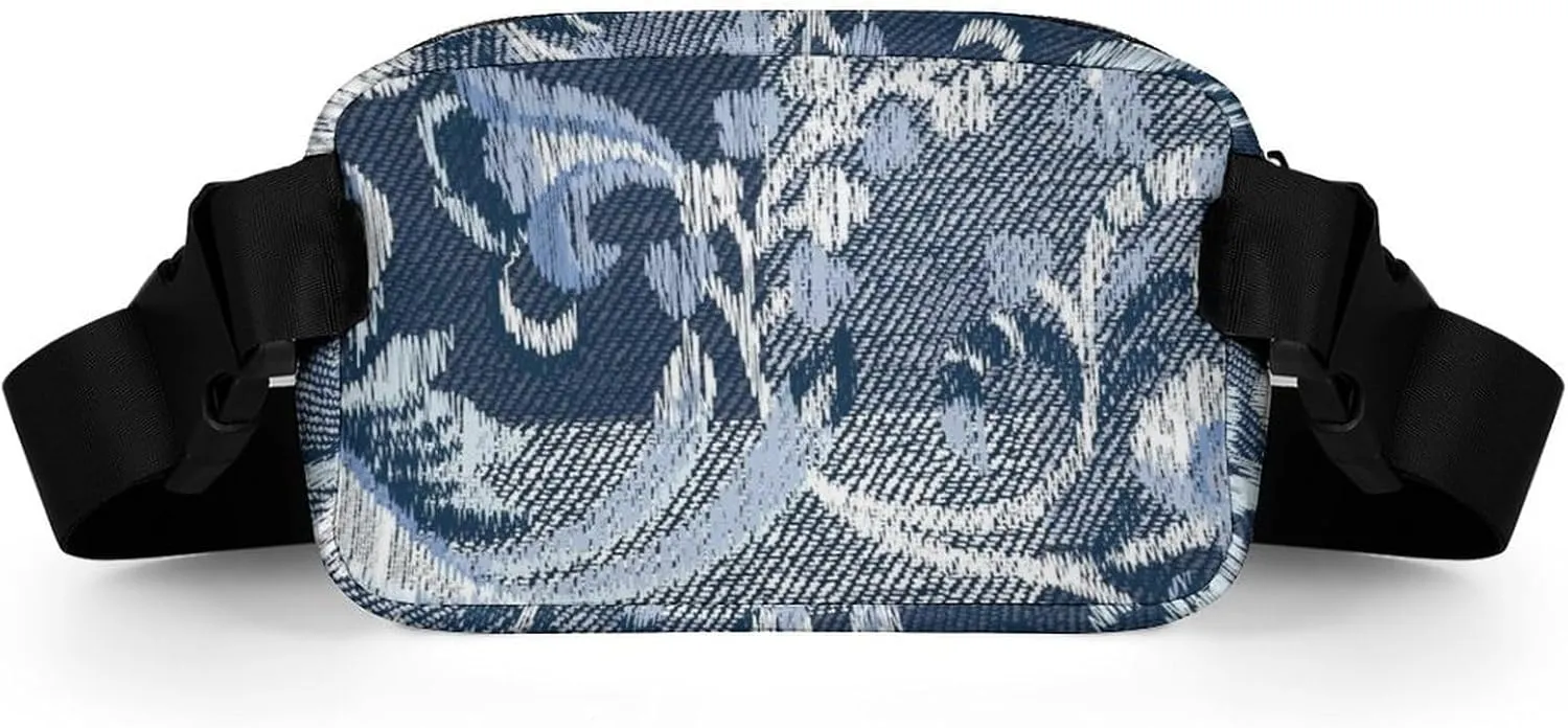Denim Flower Patchwork Fanny Pack Belt Bag with Adjustable Strap Retro Blue Waist Packs Small Pouch Crossbody Bags for Hiking Running Cycling Traveling