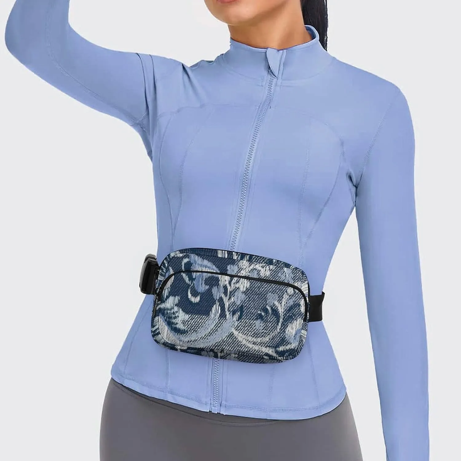 Denim Flower Patchwork Fanny Pack Belt Bag with Adjustable Strap Retro Blue Waist Packs Small Pouch Crossbody Bags for Hiking Running Cycling Traveling
