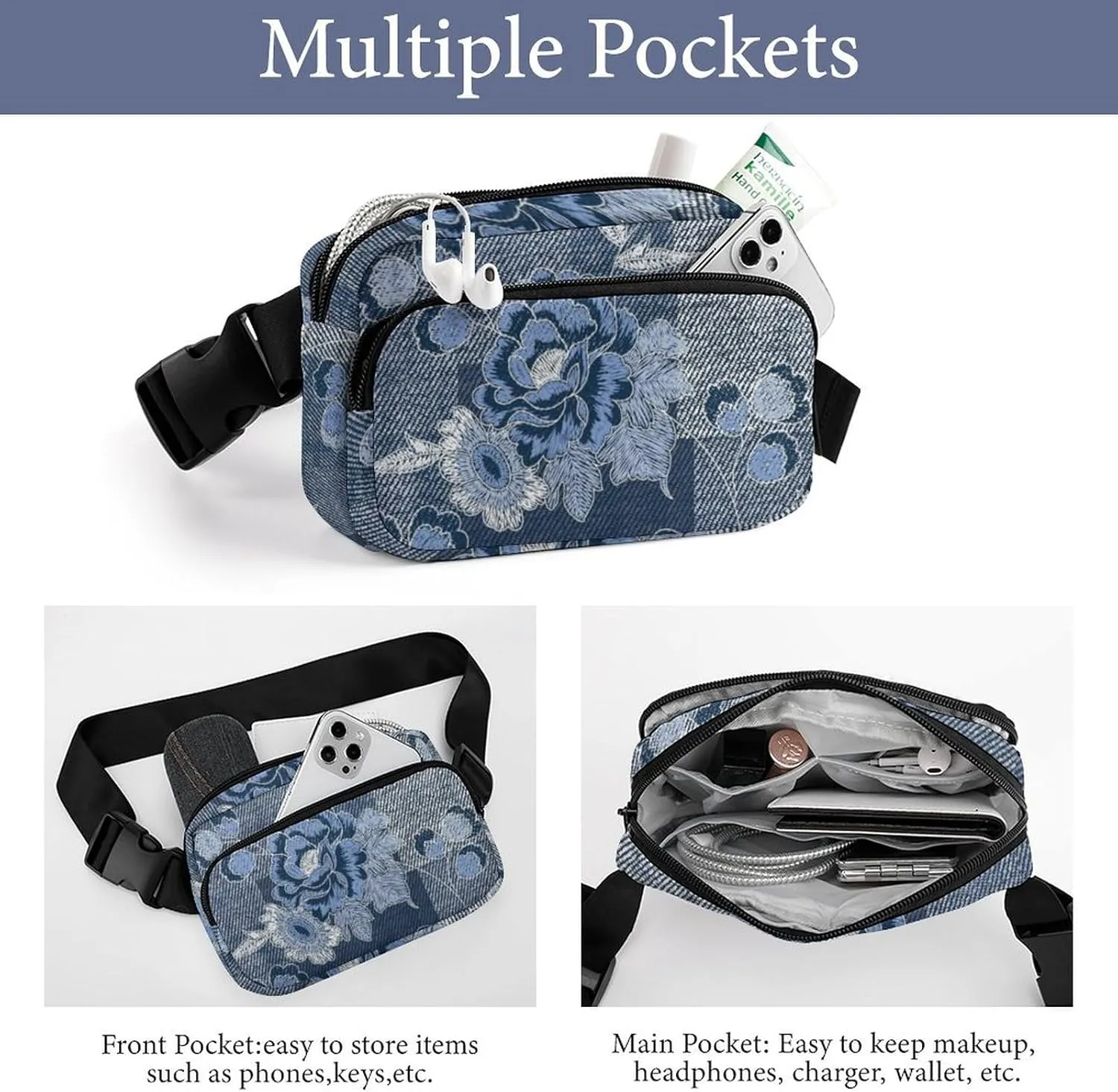 Denim Flower Patchwork Fanny Pack Belt Bag with Adjustable Strap Vintage Blue Waist Packs Small Pouch Crossbody Bags for Hiking Running Cycling Traveling