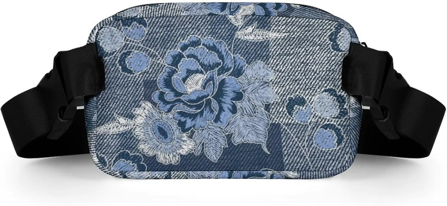 Denim Flower Patchwork Fanny Pack Belt Bag with Adjustable Strap Vintage Blue Waist Packs Small Pouch Crossbody Bags for Hiking Running Cycling Traveling