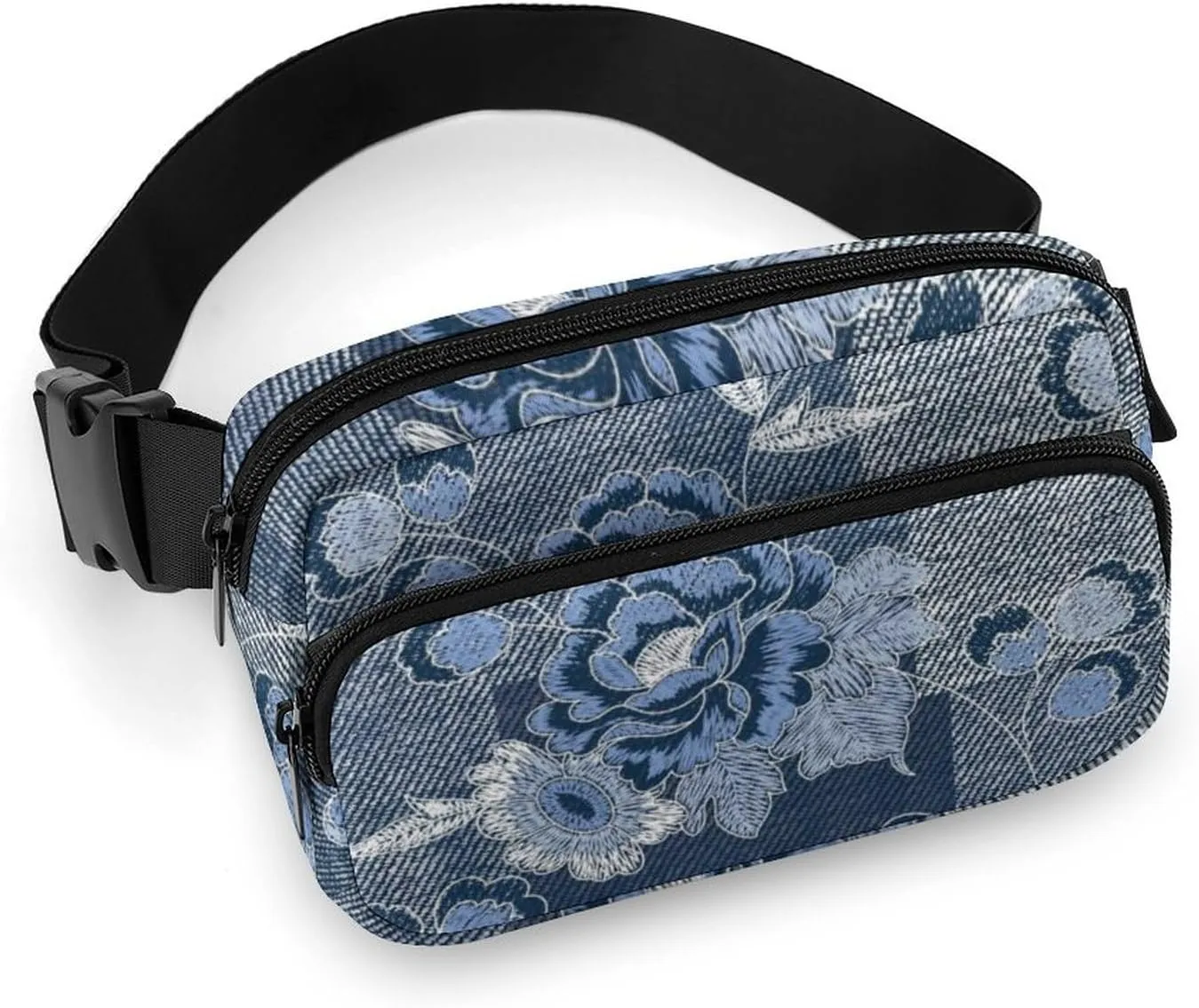 Denim Flower Patchwork Fanny Pack Belt Bag with Adjustable Strap Vintage Blue Waist Packs Small Pouch Crossbody Bags for Hiking Running Cycling Traveling