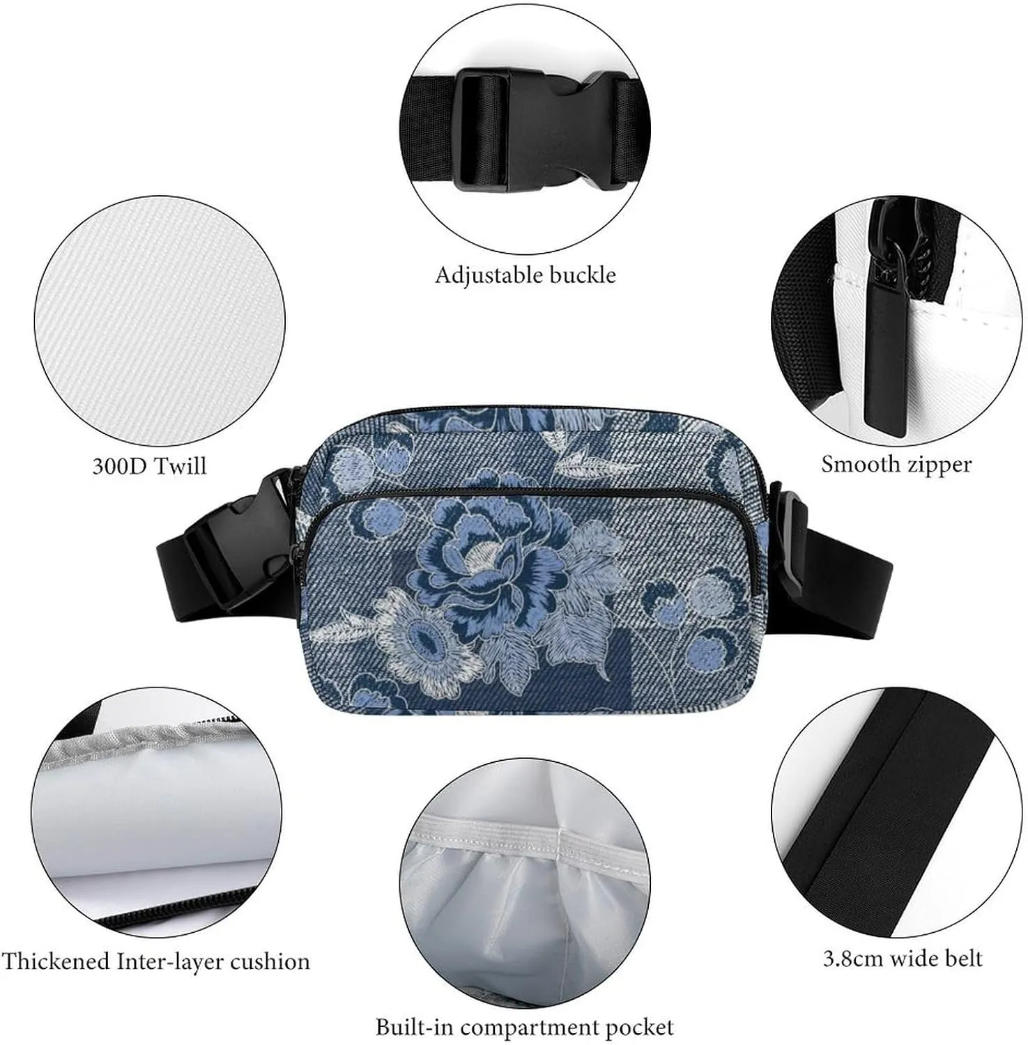 Denim Flower Patchwork Fanny Pack Belt Bag with Adjustable Strap Vintage Blue Waist Packs Small Pouch Crossbody Bags for Hiking Running Cycling Traveling