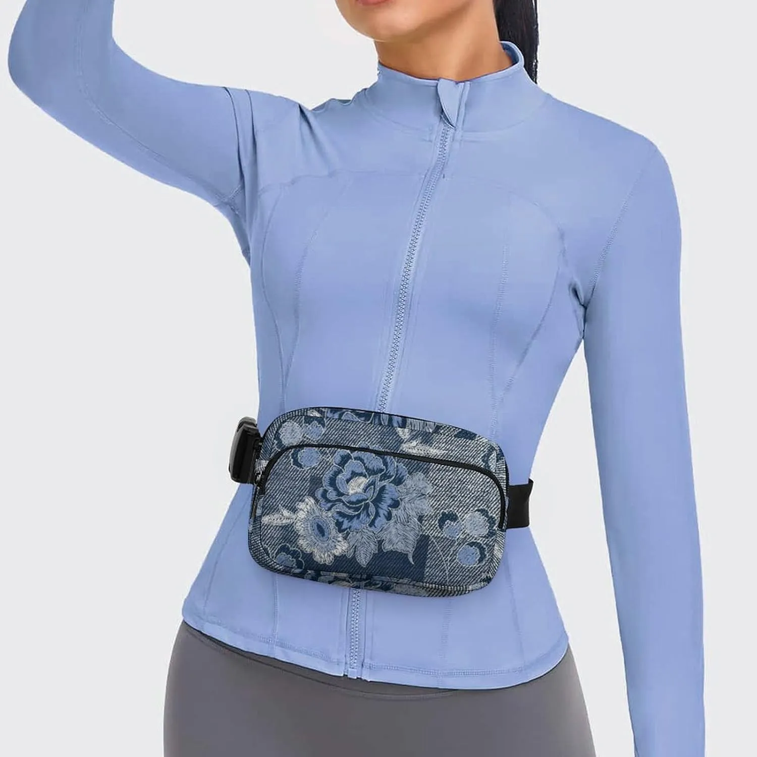Denim Flower Patchwork Fanny Pack Belt Bag with Adjustable Strap Vintage Blue Waist Packs Small Pouch Crossbody Bags for Hiking Running Cycling Traveling
