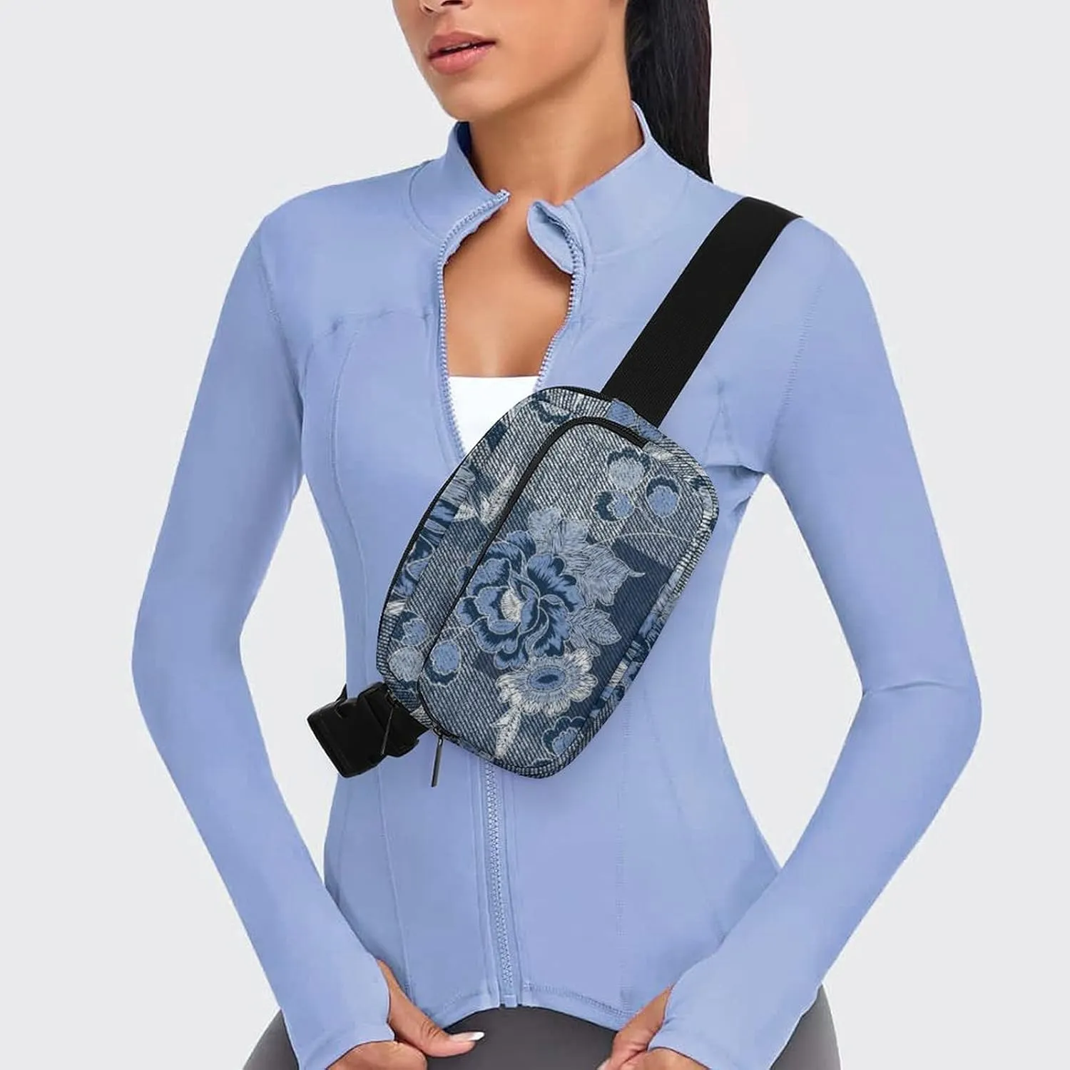 Denim Flower Patchwork Fanny Pack Belt Bag with Adjustable Strap Vintage Blue Waist Packs Small Pouch Crossbody Bags for Hiking Running Cycling Traveling
