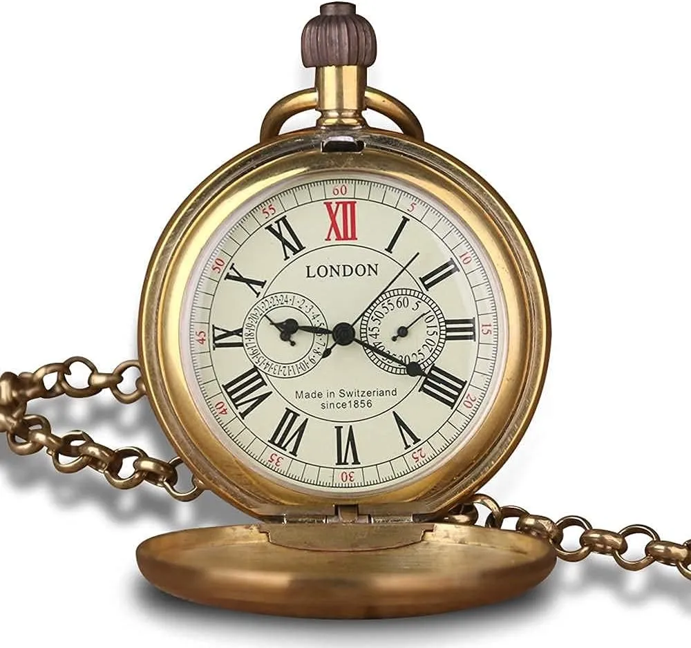 Dentily Vintage Copper Train London Design Hand Winding Mechanical Pocket Watch Mens Watches