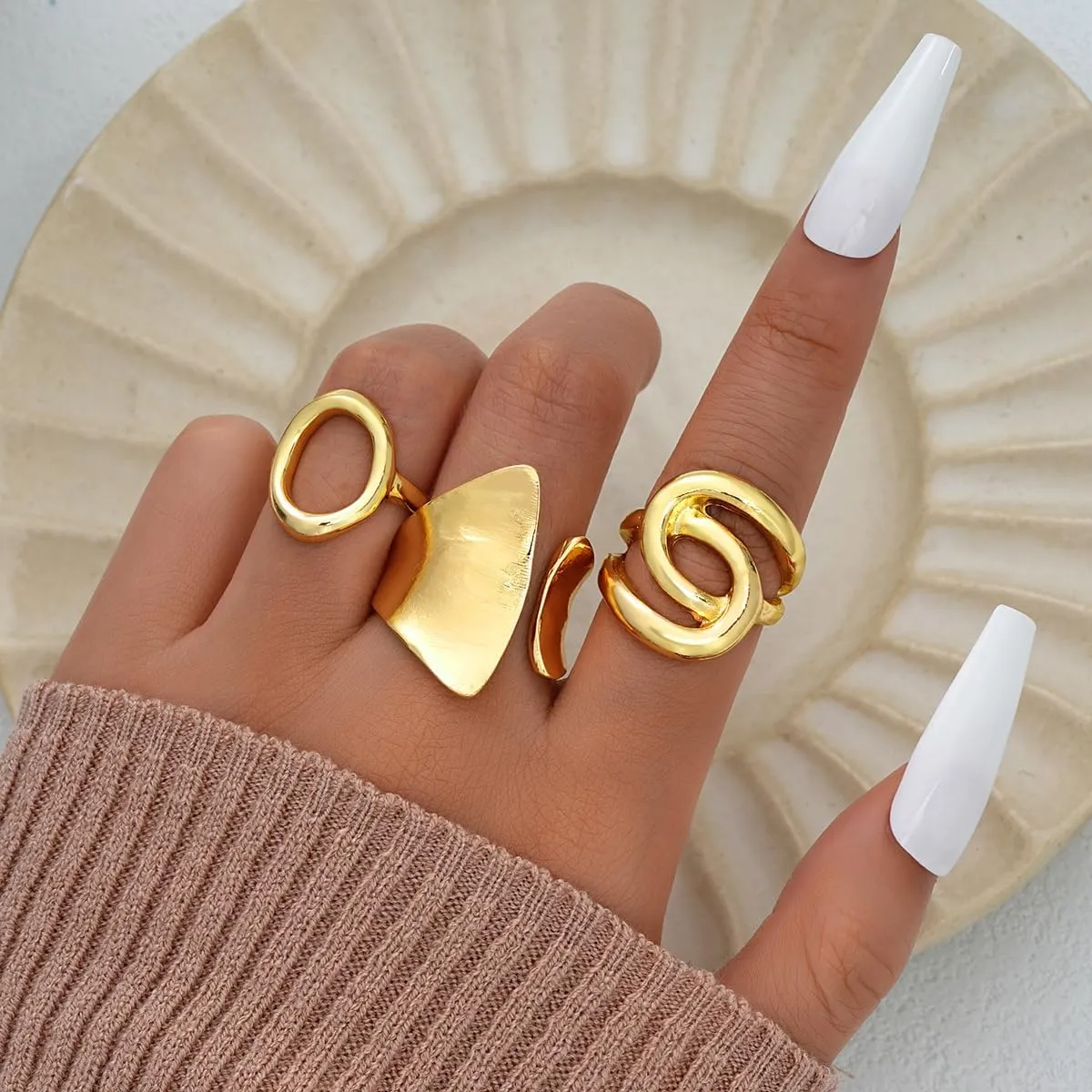 Domed Chunky Gold Rings For Women Stainless Steel Statement Rings Minimalist Geometric Stackable Open End Rings Open Statement Rings Set for Women