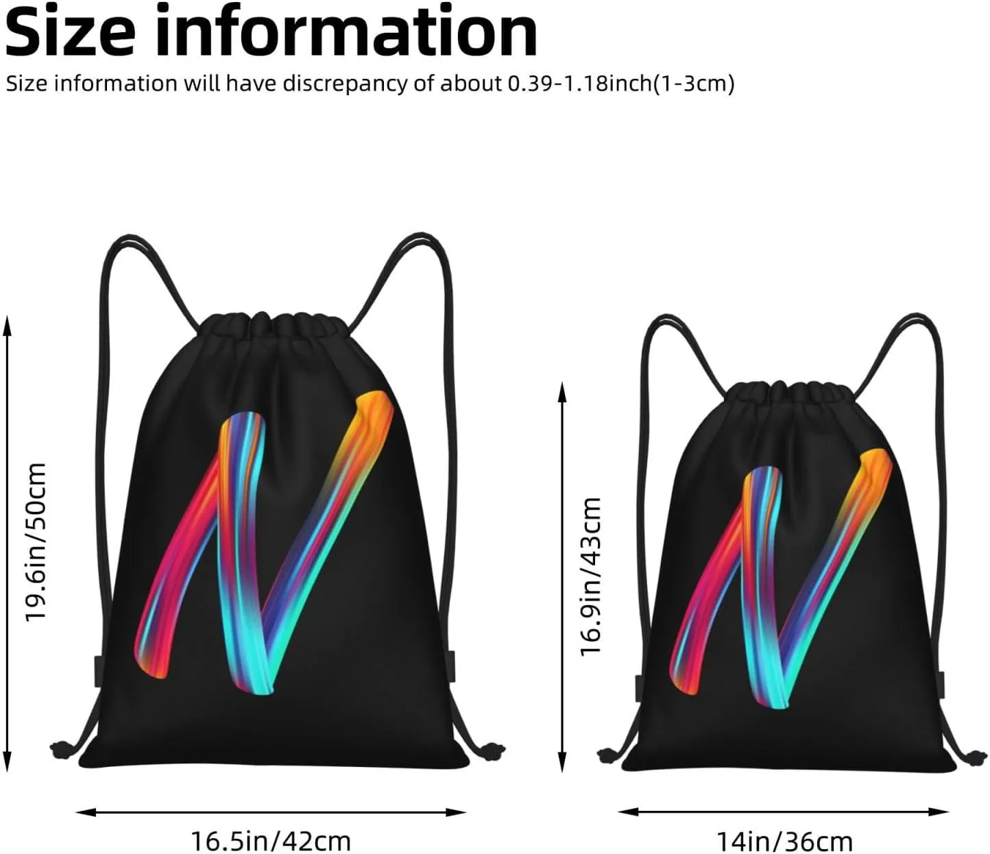 Drawstring Bags Initial Drawstring Backpack Sackpack Black Draw String Cinch Bags for Sports, Gym, Travel, Swimming, Beach, Camping, Rainbow Letter N