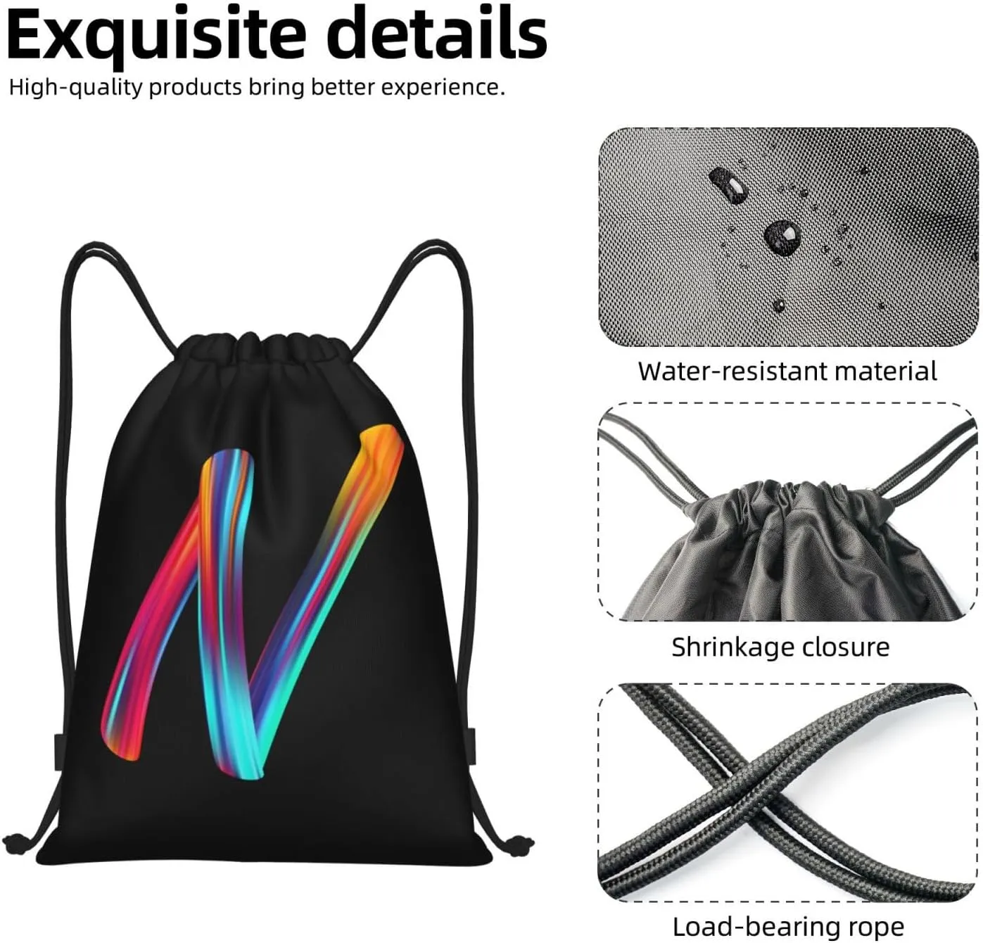 Drawstring Bags Initial Drawstring Backpack Sackpack Black Draw String Cinch Bags for Sports, Gym, Travel, Swimming, Beach, Camping, Rainbow Letter N