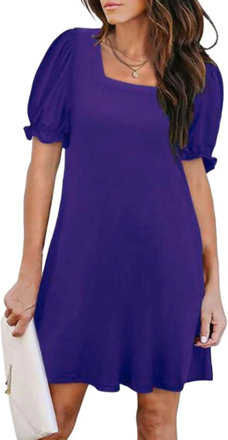 Dresses for Women Puff Sleeve Square Neck Mini Dress Fashion Trendy Dressy Solid Color Dresses Slim Fit Sundress