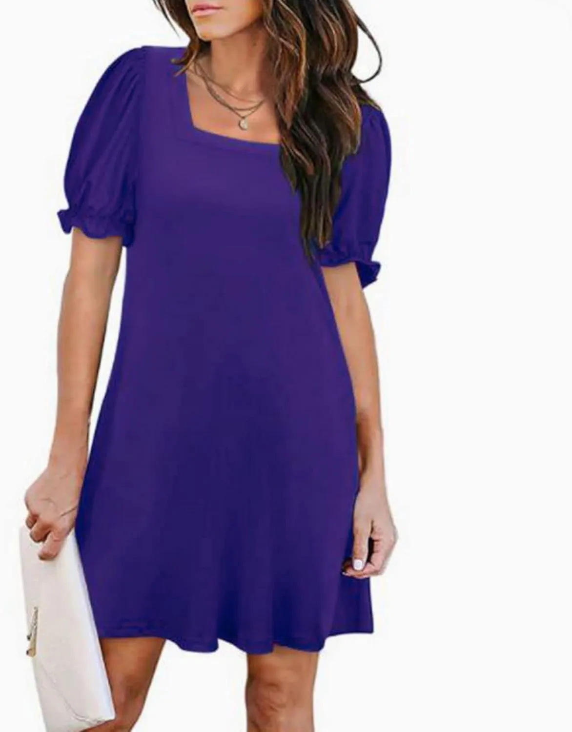 Dresses for Women Puff Sleeve Square Neck Mini Dress Fashion Trendy Dressy Solid Color Dresses Slim Fit Sundress