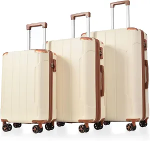 Durable 3-Piece Luggage Set with Expandable Hard Shell, Double Spinner Wheels, and TSA Lock, 20/24/28 Inch, White Brown