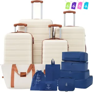 Durable Hardshell Luggage Set with Expandable Spinner Suitcases, Lightweight 16"-28" Sizes, Brown & White