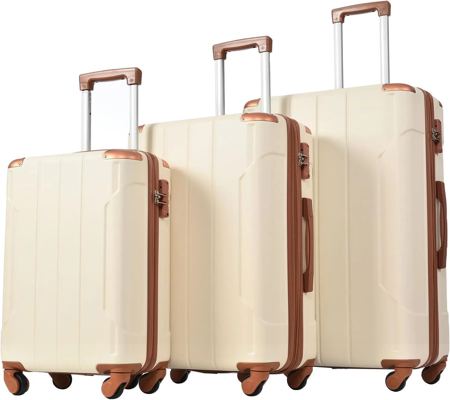 Durable Hardshell Luggage Sets - 3 Piece Spinner Suitcase Collection, Lightweight Design for Travel, Brown and White