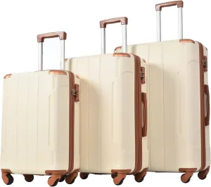Durable Hardshell Luggage Sets - 3 Piece Spinner Suitcase Collection, Lightweight Design for Travel, Brown and White