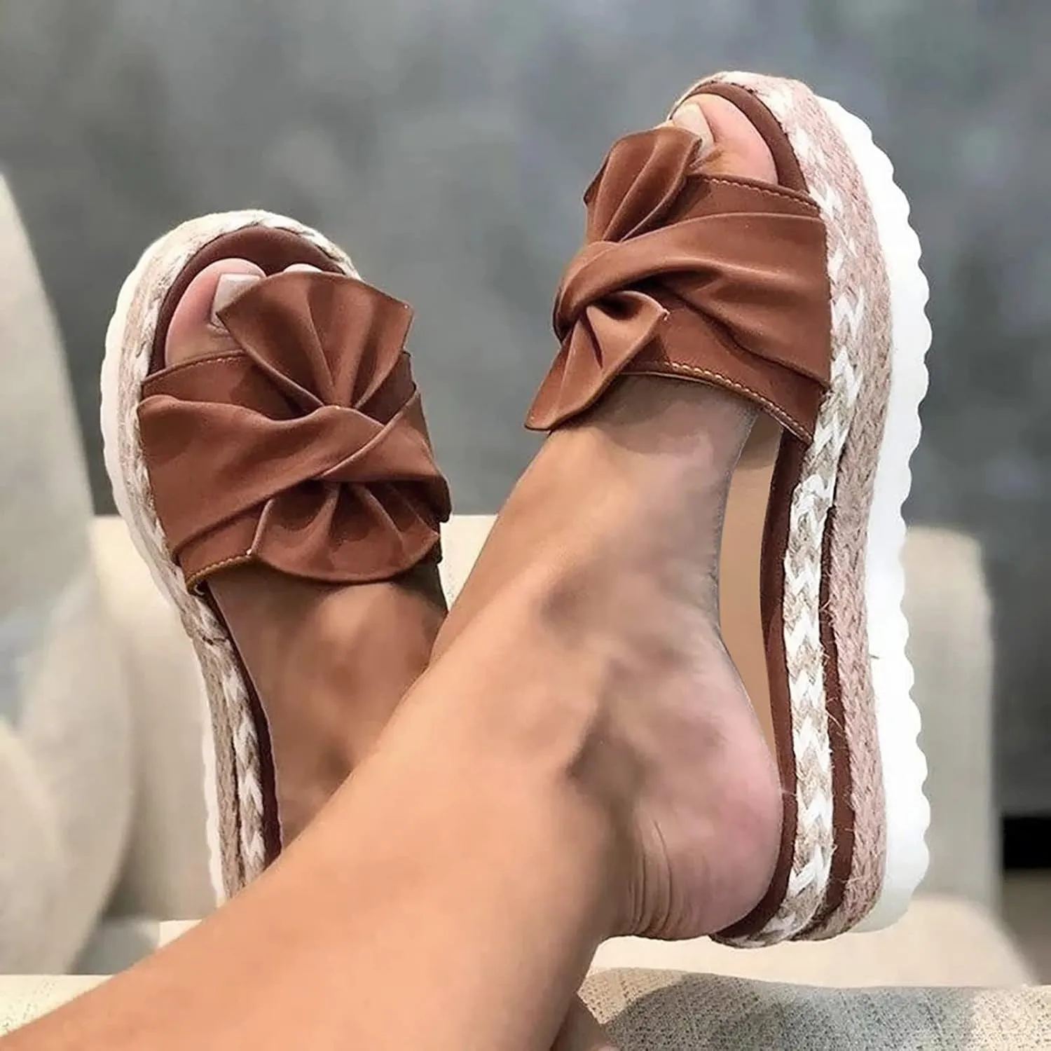 Eduavar Espadrille Sandals for Women, Sandals for Women Dressy Summer Bow Tie Open Toe Slip-on Sandals Wedge Platform Sandals