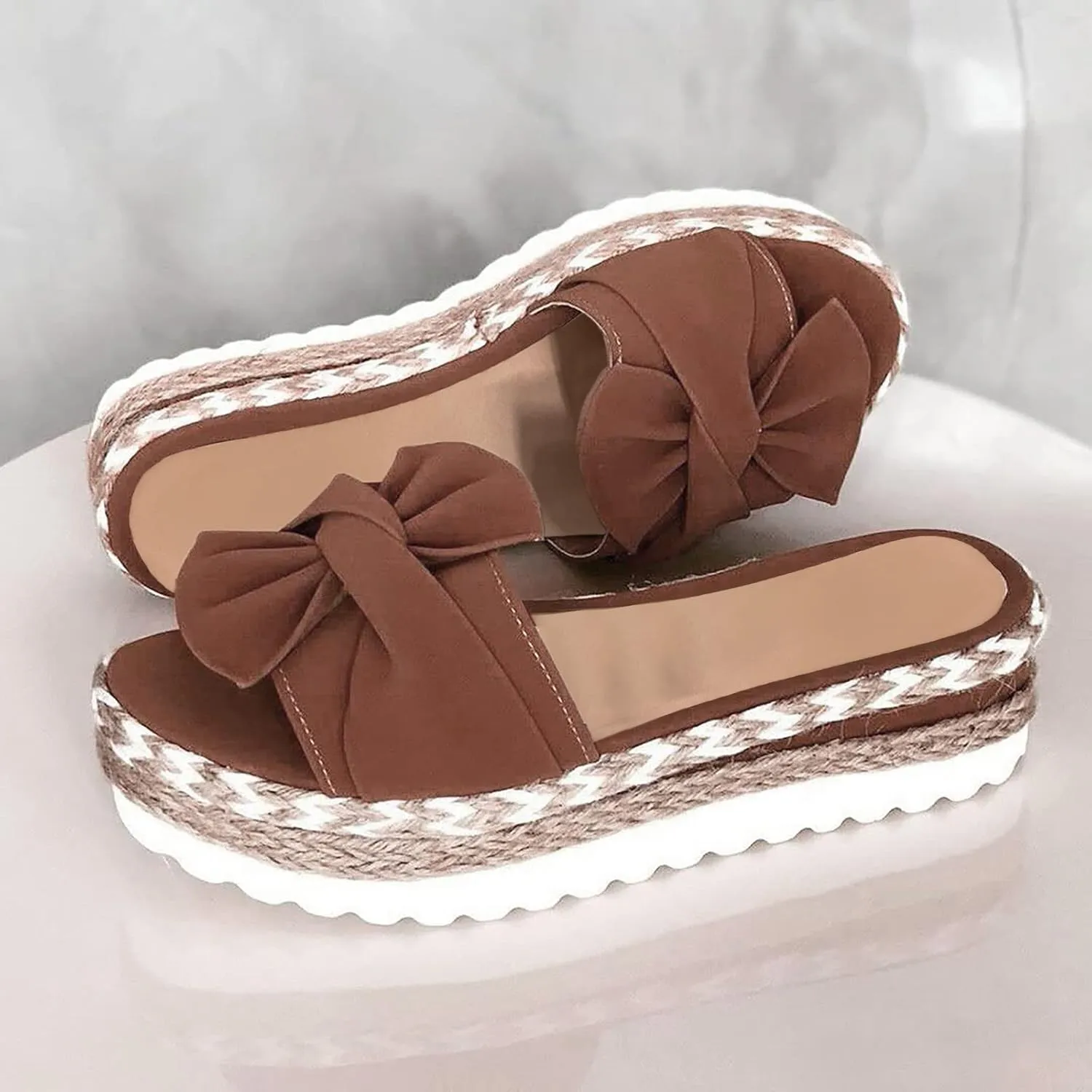 Eduavar Espadrille Sandals for Women, Sandals for Women Dressy Summer Bow Tie Open Toe Slip-on Sandals Wedge Platform Sandals