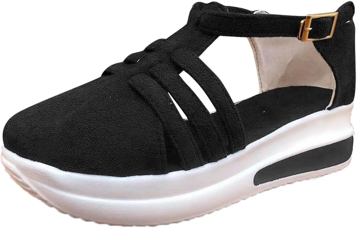Eduavar Platform Sandals Women Casual, Closed Toe Sandals Women Summer Comfortable Platform Sports Sandals with Buckle Strap