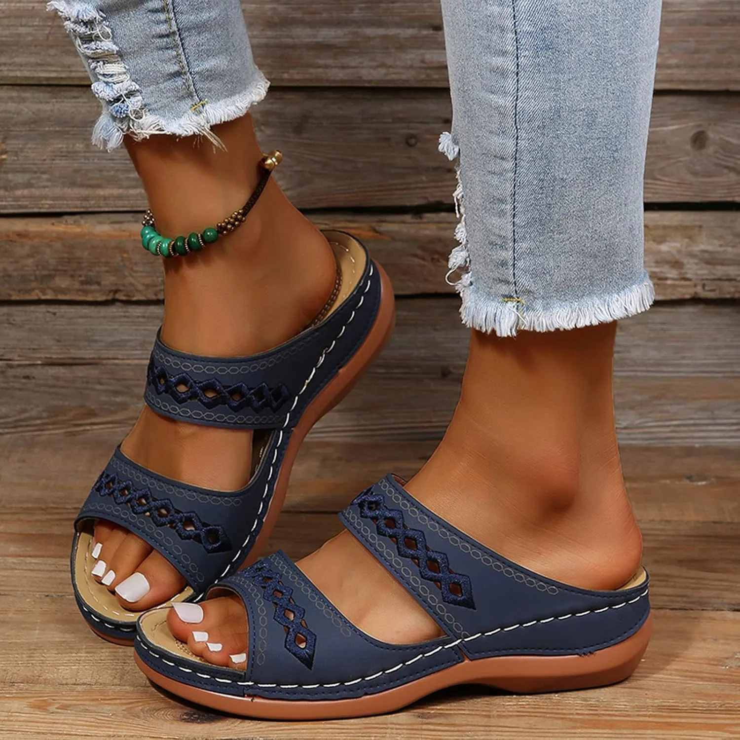 Eduavar Sandals for Women Casual Summer, Orthopedic Sandals for Women Casual Peep Toe Sandals Summer Beach Slip-on Sandals