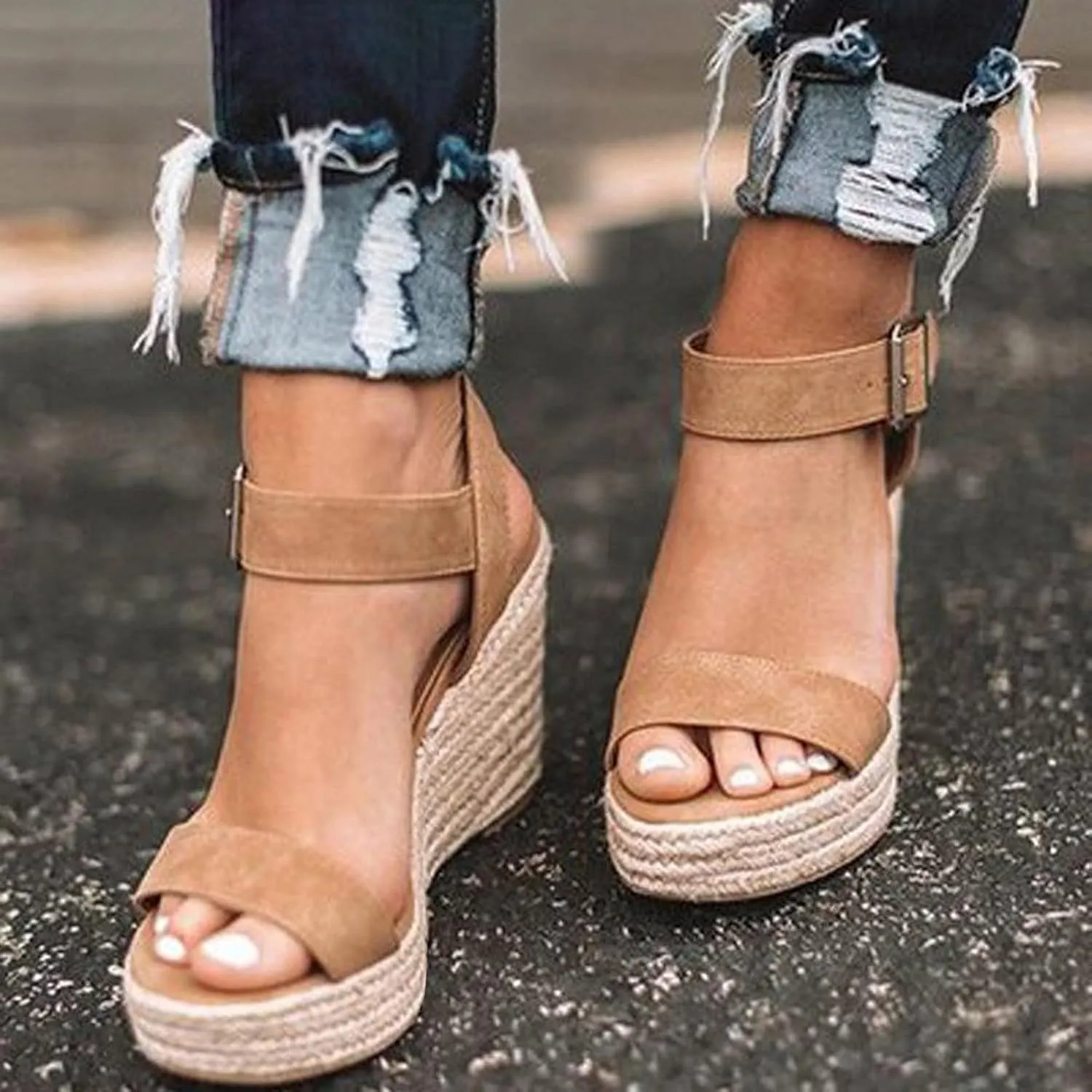 Eduavar Womens Wedge Sandals, Orthopedic Sandals for Women Peep Toe High Wedg Platform Sandals with Ankle Strap
