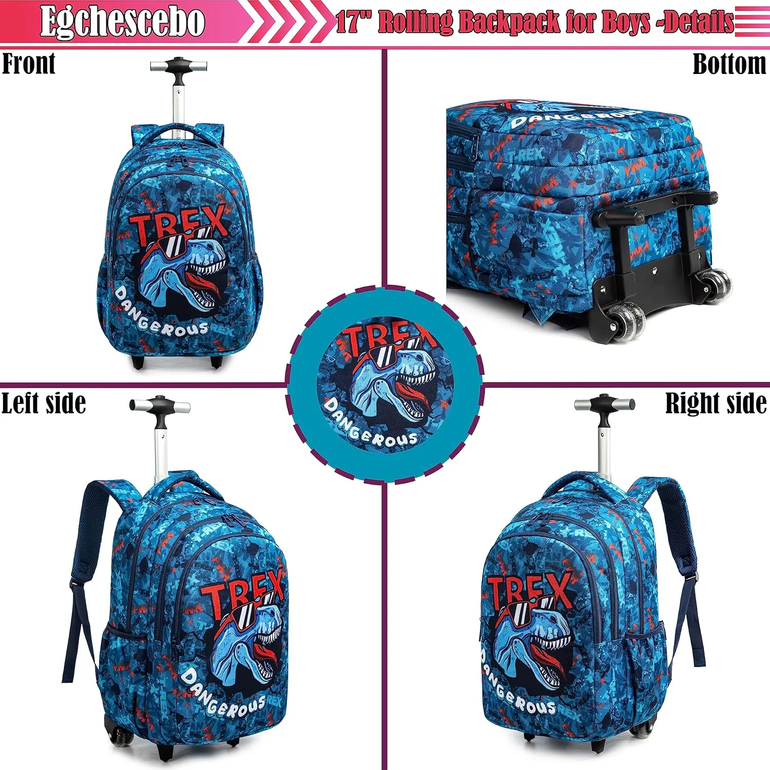 Egchescebo Kids Dinosaur Rolling Backpack for Boys Suitcases Trolley Backpacks with Wheels Roller Luggage Backpacks on Wheels with Lunch Box Pencil Case for Elementary Boys Travel school Bag Blue