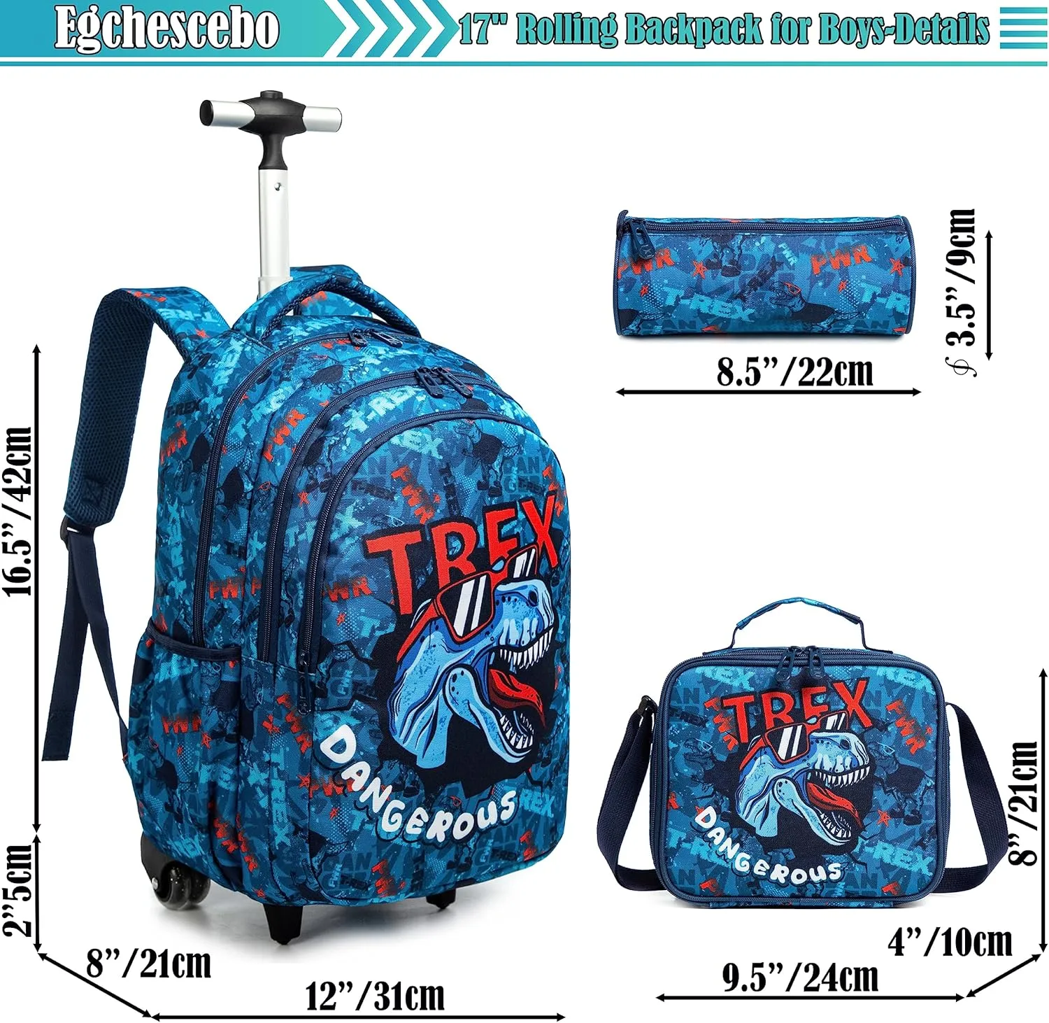 Egchescebo Kids Dinosaur Rolling Backpack for Boys Suitcases Trolley Backpacks with Wheels Roller Luggage Backpacks on Wheels with Lunch Box Pencil Case for Elementary Boys Travel school Bag Blue