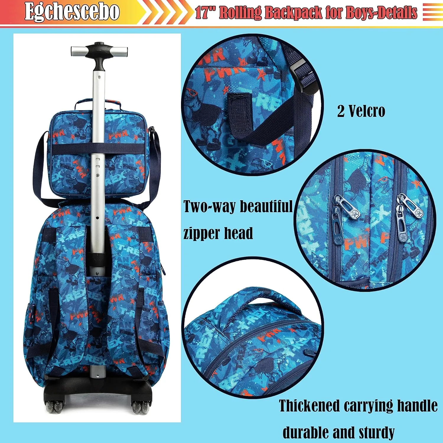 Egchescebo Kids Dinosaur Rolling Backpack for Boys Suitcases Trolley Backpacks with Wheels Roller Luggage Backpacks on Wheels with Lunch Box Pencil Case for Elementary Boys Travel school Bag Blue
