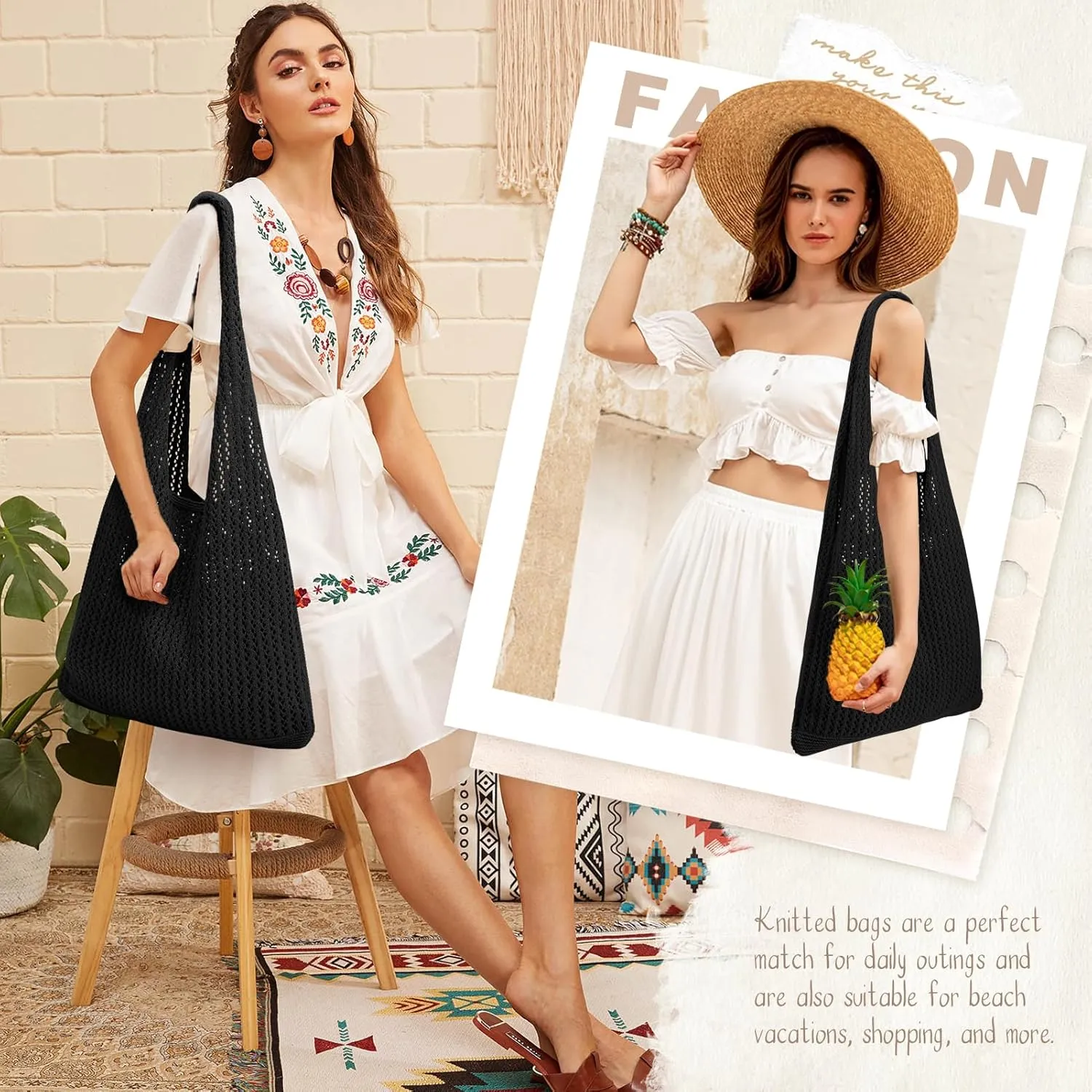 EIMMBD Crochet Bags for Women Beach Totes Bags Aesthetic Summer Tote Shoulder Hippie Bag Knit Bag