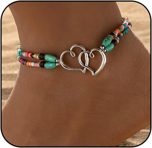 Elastic Beaded Ankle for Women Silver Hearts Stretch Anklet Double Layered Beaded Anklet Boho Colorful Beach Anklets for Beach Summer