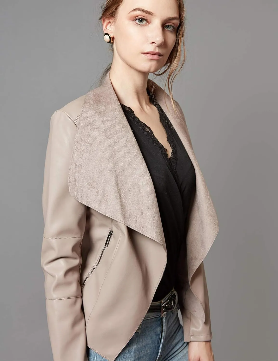Escalier Women's Faux Leather Jackets Slim Open Front Lapel Blazer Jackets