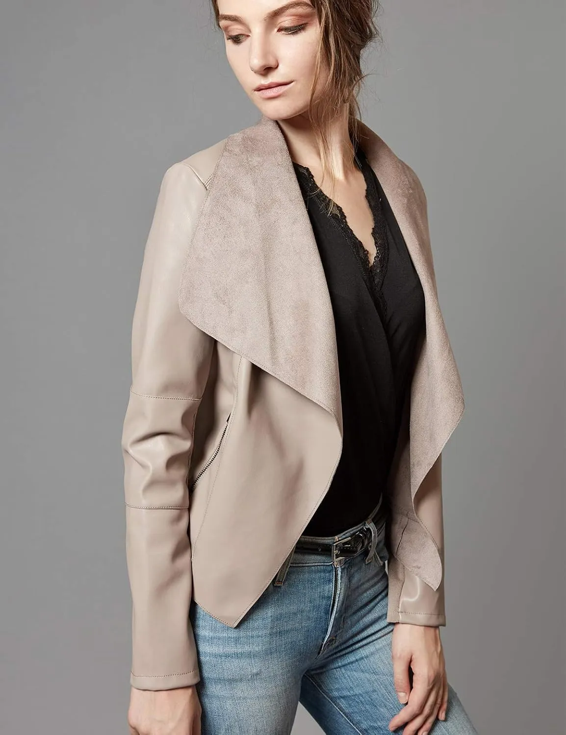 Escalier Women's Faux Leather Jackets Slim Open Front Lapel Blazer Jackets