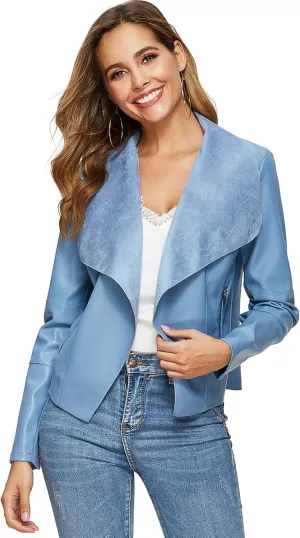 Escalier Women's Faux Leather Jackets Slim Open Front Lapel Blazer Jackets