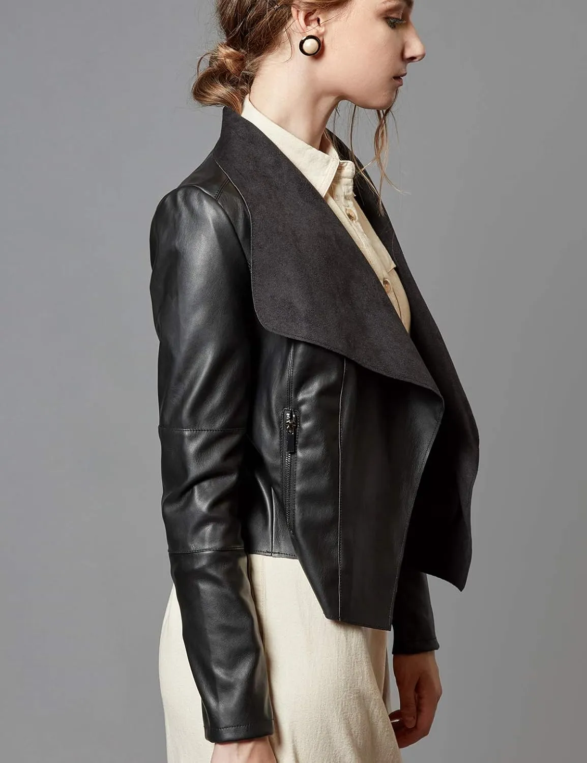 Escalier Women's Faux Leather Jackets Slim Open Front Lapel Blazer Jackets