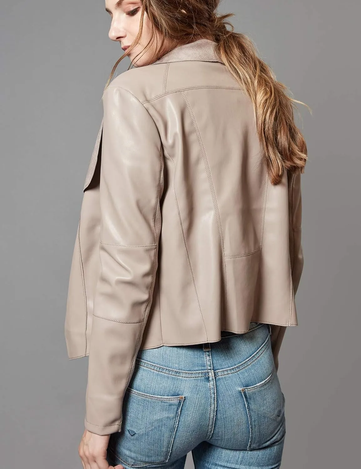 Escalier Women's Faux Leather Jackets Slim Open Front Lapel Blazer Jackets