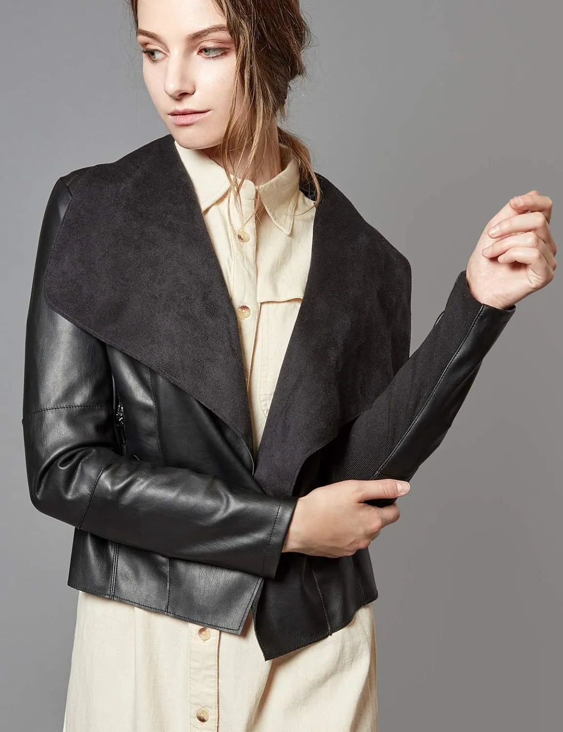 Escalier Women's Faux Leather Jackets Slim Open Front Lapel Blazer Jackets
