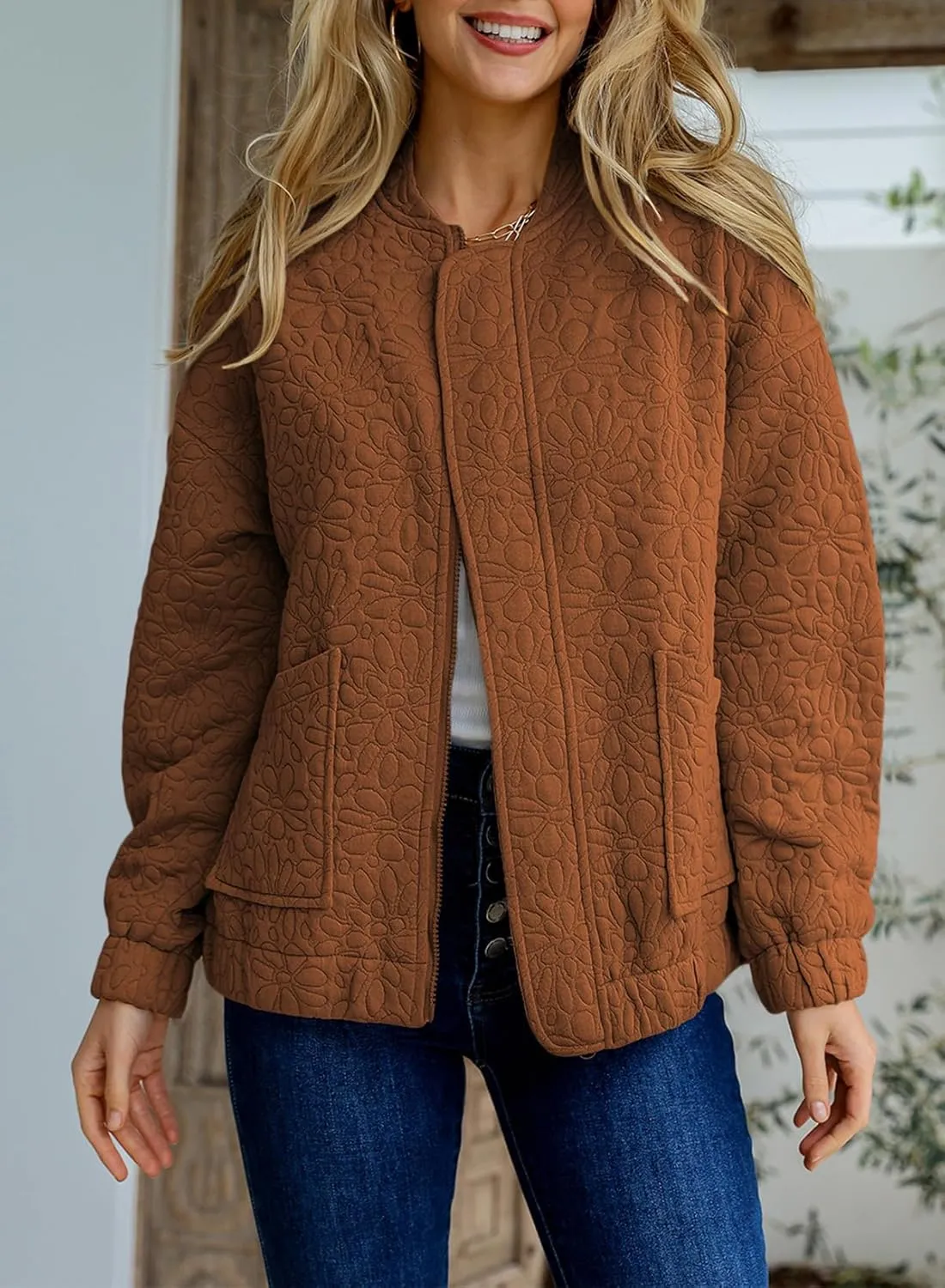 EVALESS Bomber Jackets for Women Spring Fashion 2025 Cute Jacquard Coats Lightweight Zip Up Jackets Dressy Casual