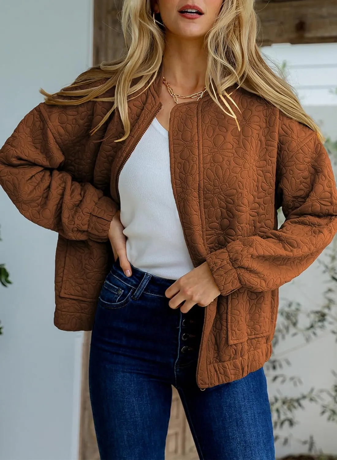 EVALESS Bomber Jackets for Women Spring Fashion 2025 Cute Jacquard Coats Lightweight Zip Up Jackets Dressy Casual