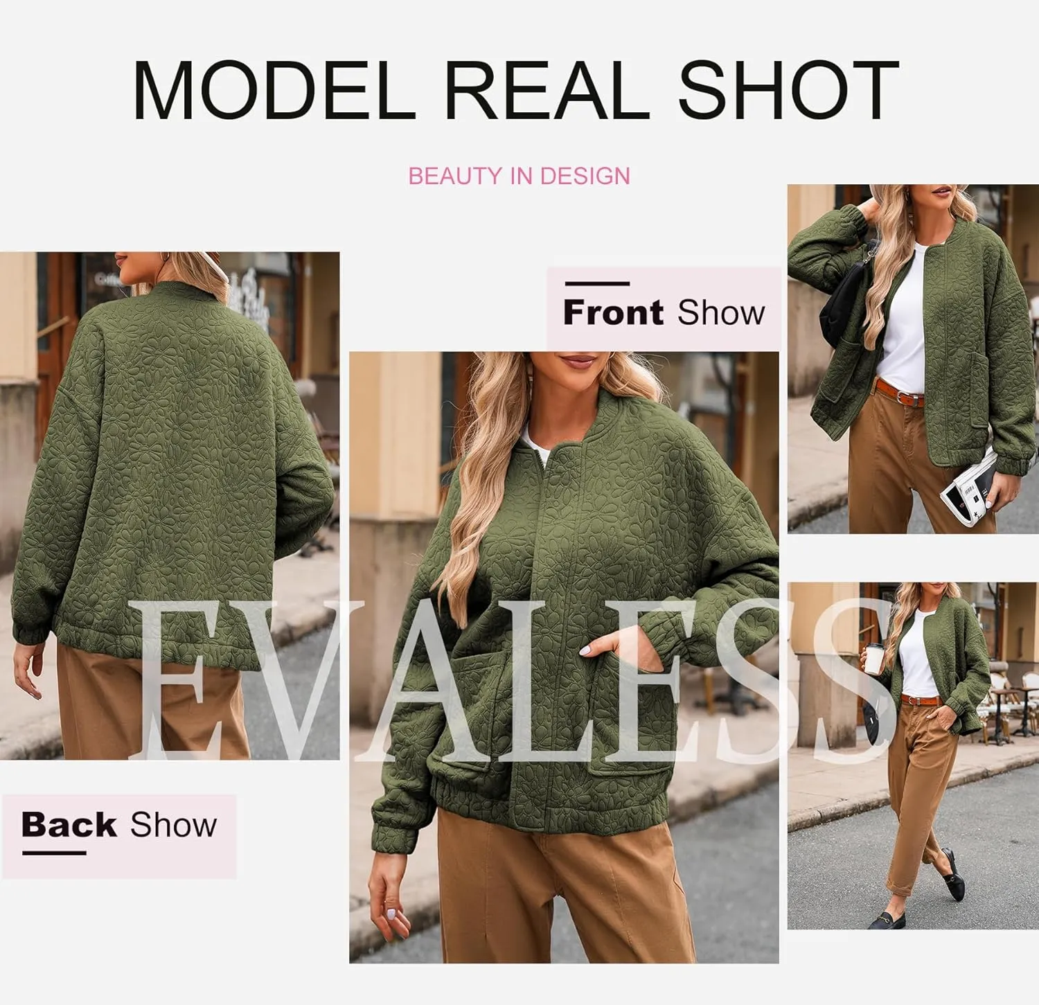 EVALESS Bomber Jackets for Women Spring Fashion 2025 Cute Jacquard Coats Lightweight Zip Up Jackets Dressy Casual