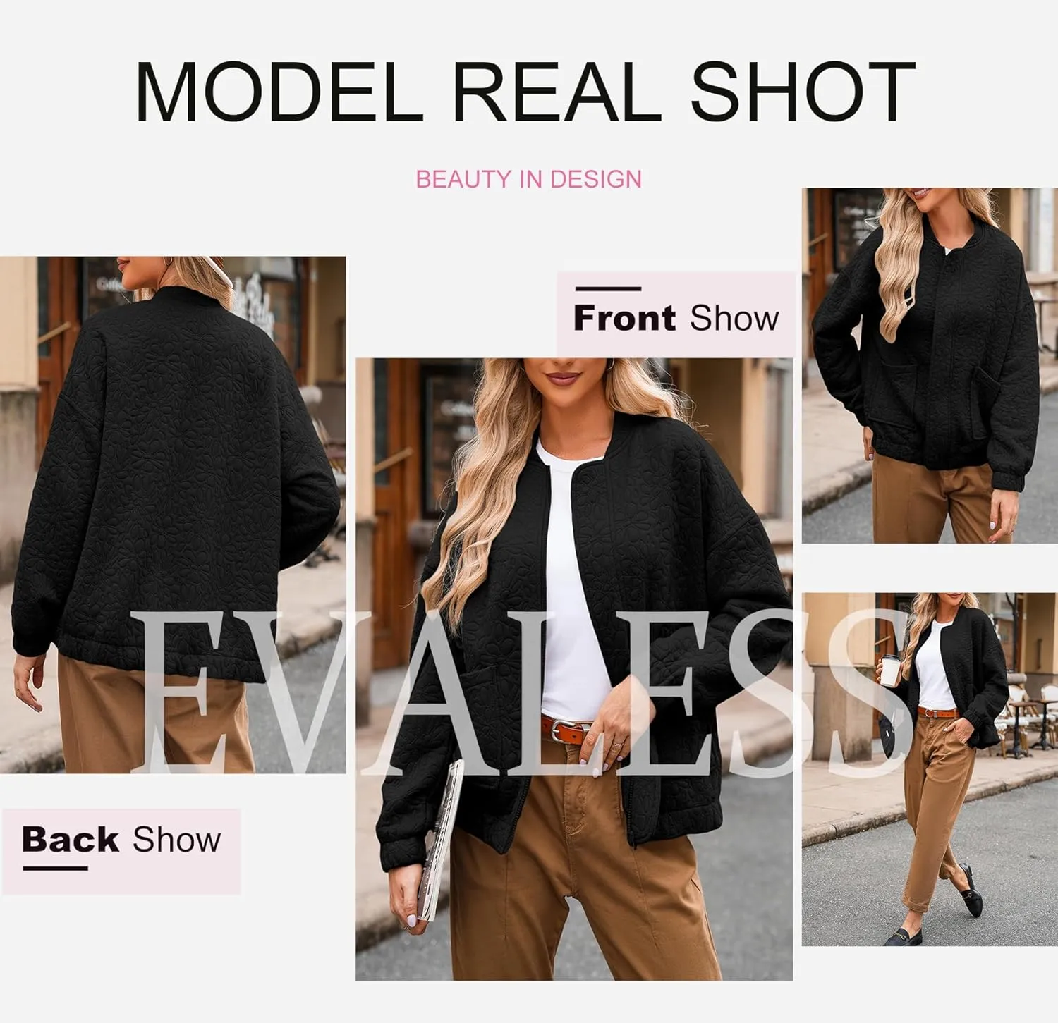 EVALESS Bomber Jackets for Women Spring Fashion 2025 Cute Jacquard Coats Lightweight Zip Up Jackets Dressy Casual