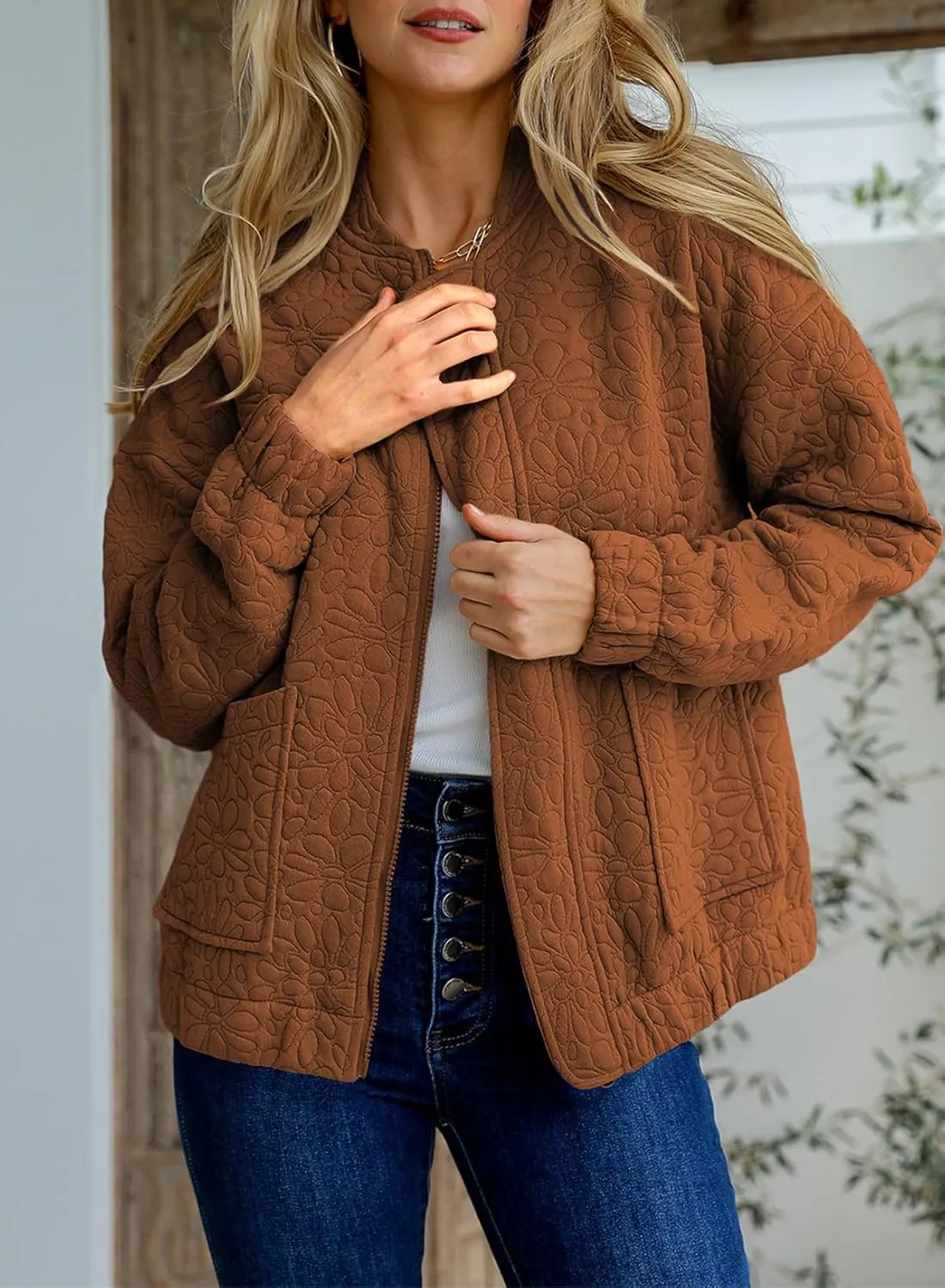 EVALESS Bomber Jackets for Women Spring Fashion 2025 Cute Jacquard Coats Lightweight Zip Up Jackets Dressy Casual
