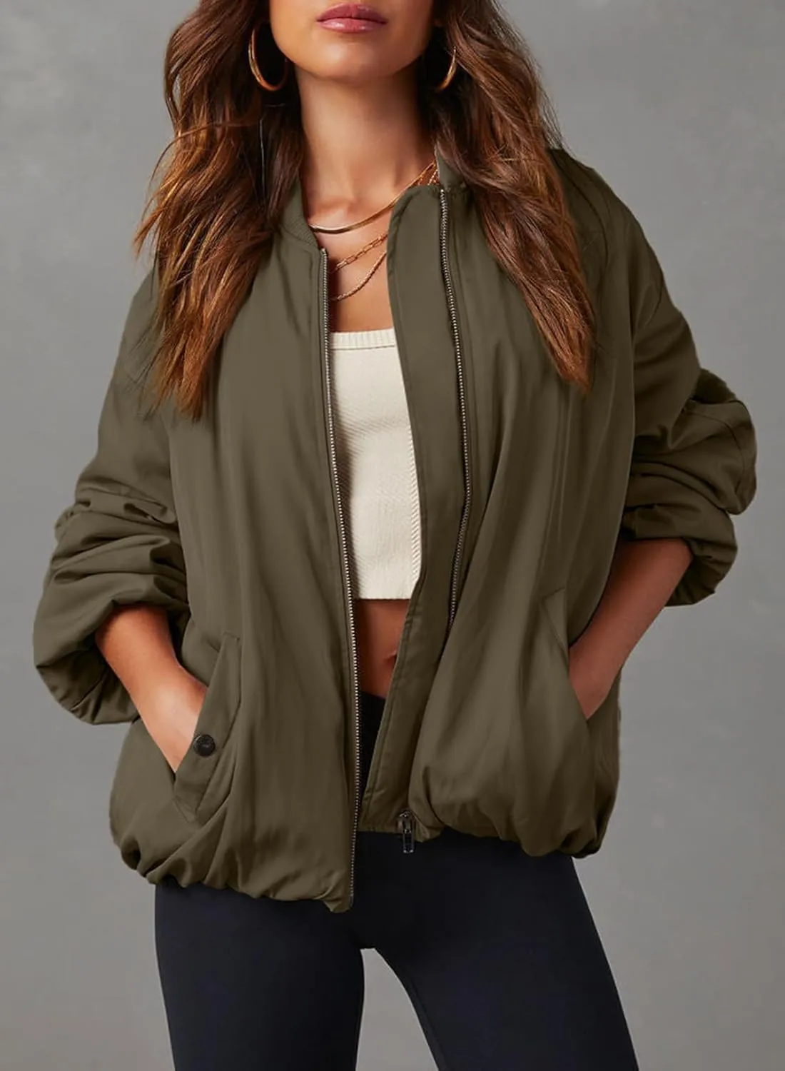 EVALESS Puffer Jackets for Women Zip Up Oversized Bomber Jackets Winter Outfits for Women Dressy Causal