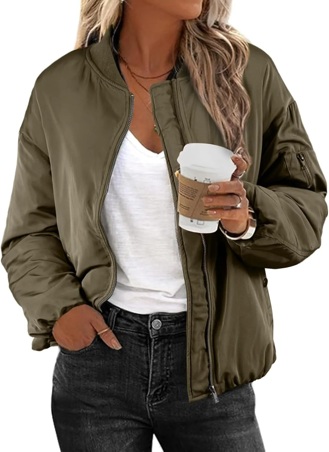 EVALESS Puffer Jackets for Women Zip Up Oversized Bomber Jackets Winter Outfits for Women Dressy Causal