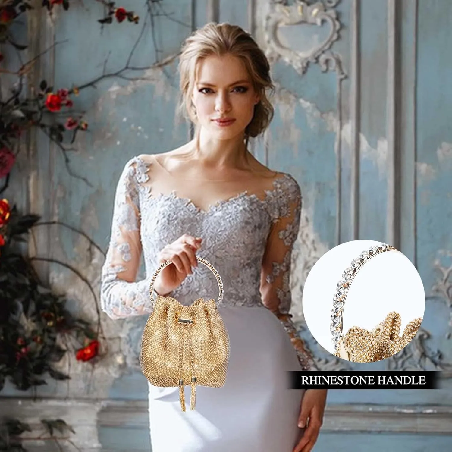 Evening Party Bags for Women Small Rhinestone Sparkly Clutch Crystal Bucket Purse Wedding Purses Handbag