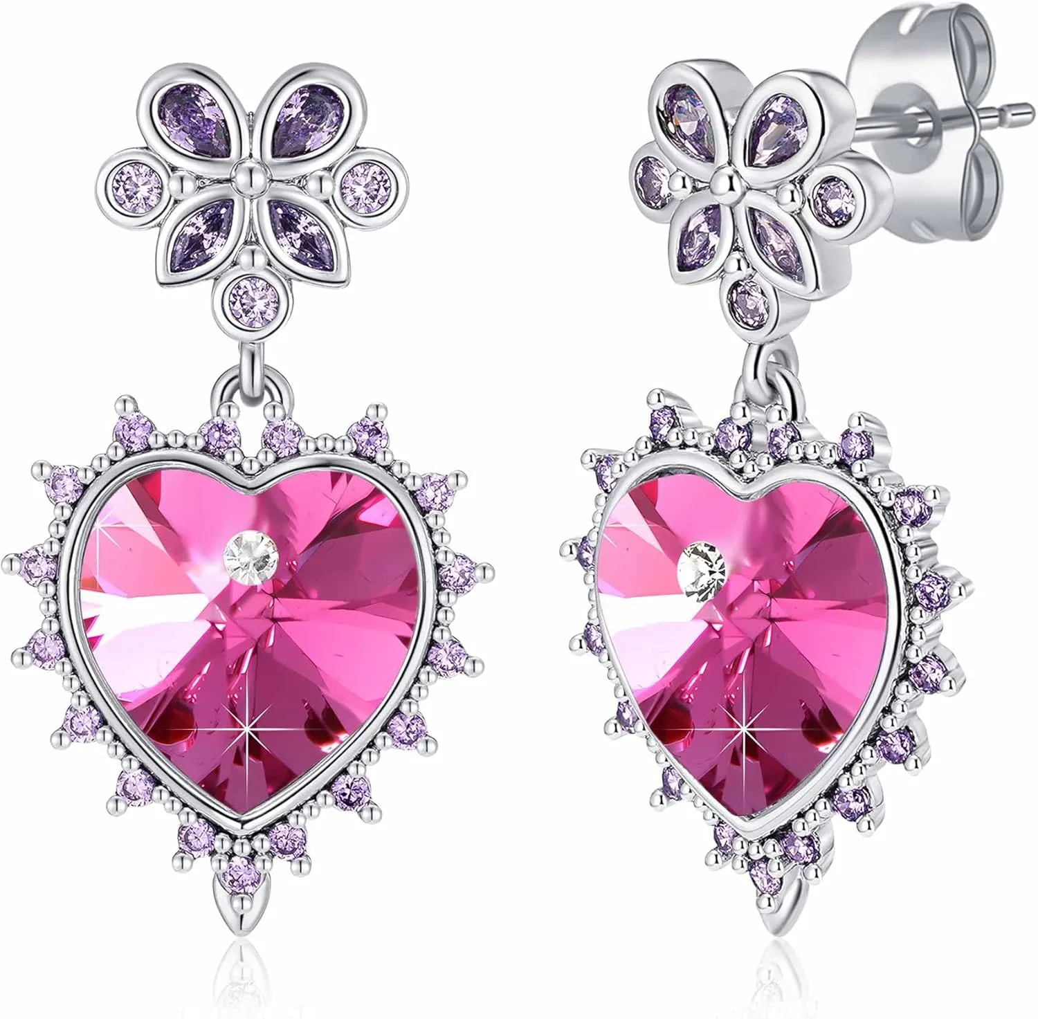 EVEVIC Austrian Crystal Sacred Heart Drop Earrings for Women, 14k White Gold Plated Dangle Earring Jewelry Gift