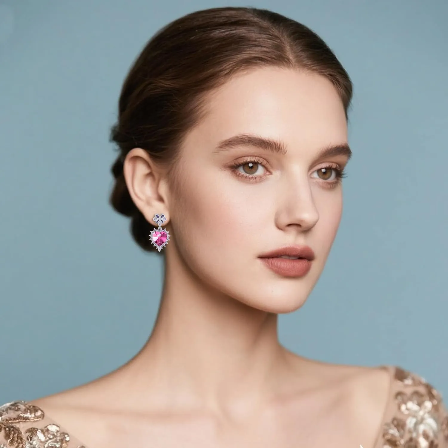 EVEVIC Austrian Crystal Sacred Heart Drop Earrings for Women, 14k White Gold Plated Dangle Earring Jewelry Gift
