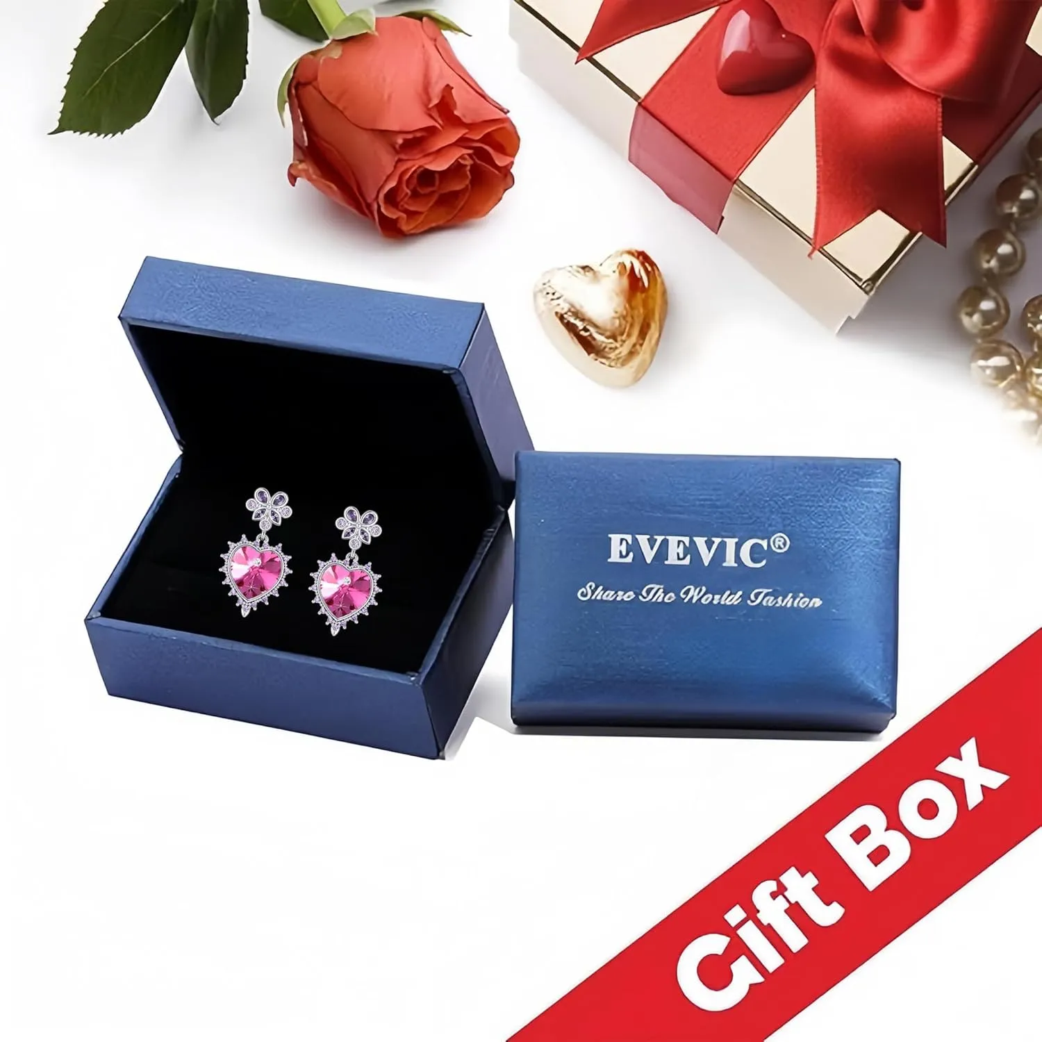 EVEVIC Austrian Crystal Sacred Heart Drop Earrings for Women, 14k White Gold Plated Dangle Earring Jewelry Gift