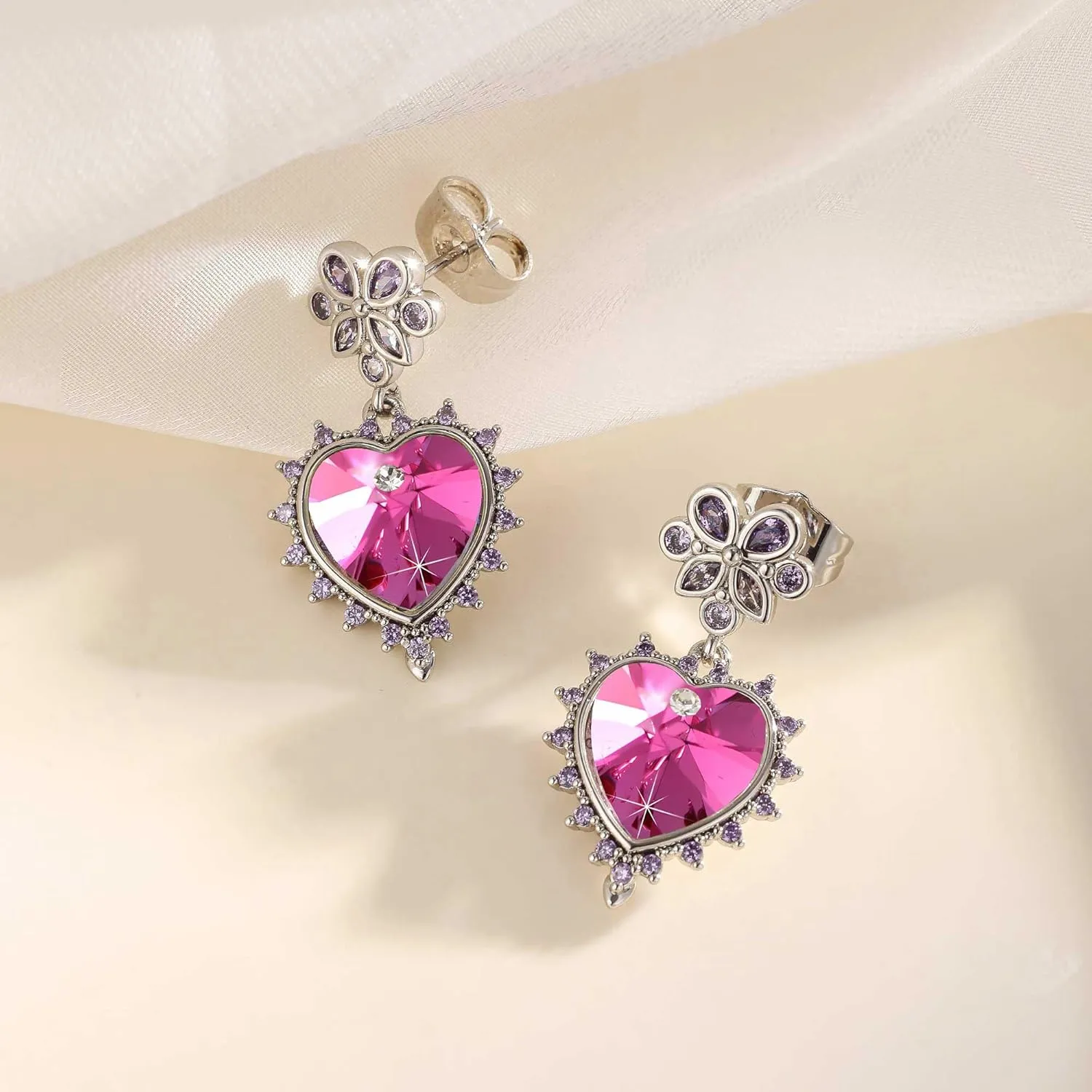 EVEVIC Austrian Crystal Sacred Heart Drop Earrings for Women, 14k White Gold Plated Dangle Earring Jewelry Gift